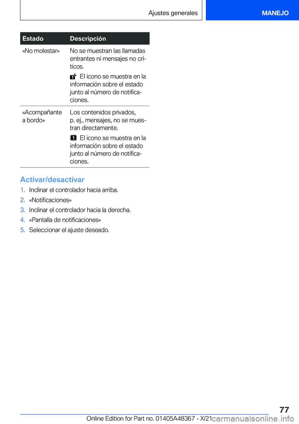 BMW X4 2022  Manuales de Empleo (in Spanish) �E�s�t�a�d�o�D�e�s�c�r�i�p�c�i�