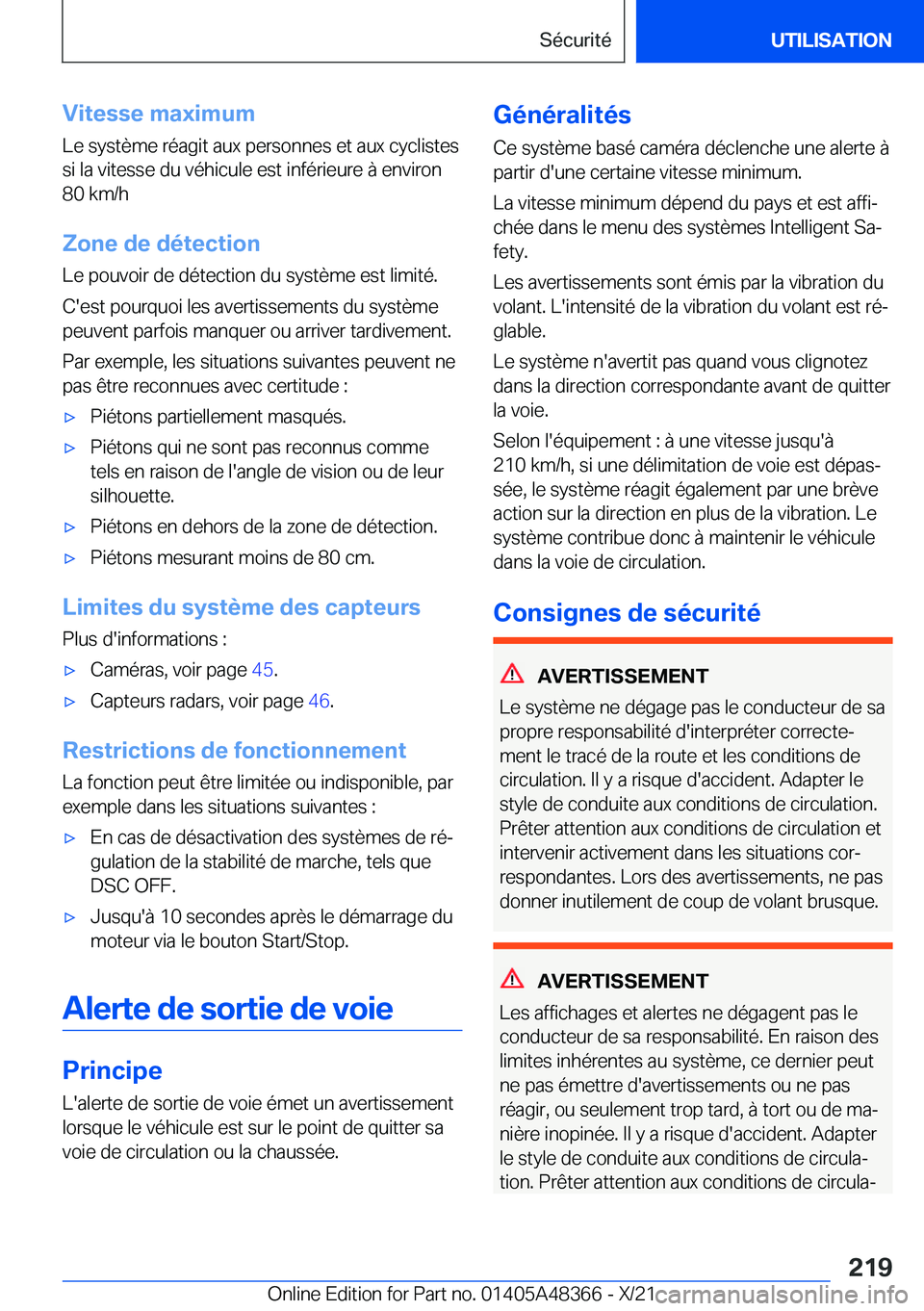 BMW X4 2022  Notices Demploi (in French) �V�i�t�e�s�s�e��m�a�x�i�m�u�m�L�e��s�y�s�t�è�m�e��r�é�a�g�i�t��a�u�x��p�e�r�s�o�n�n�e�s��e�t��a�u�x��c�y�c�l�i�s�t�e�s
�s�i��l�a��v�i�t�e�s�s�e��d�u��v�é�h�i�c�u�l�e��e�s�t��i�n�f�é�