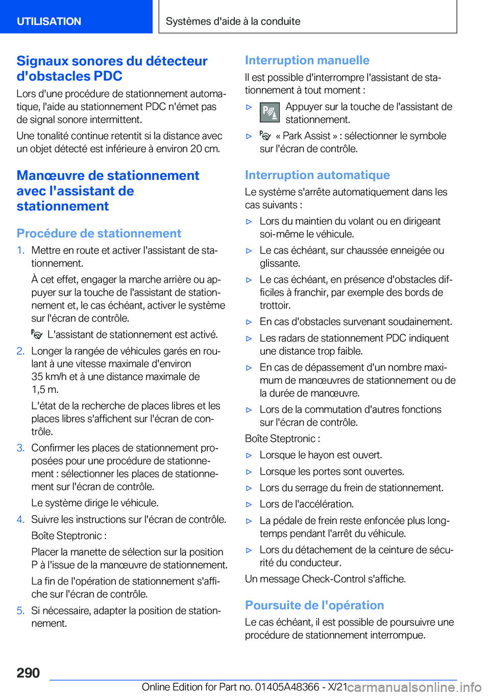 BMW X4 2022  Notices Demploi (in French) �S�i�g�n�a�u�x��s�o�n�o�r�e�s��d�u��d�é�t�e�c�t�e�u�r
�d�'�o�b�s�t�a�c�l�e�s��P�D�C
�L�o�r�s��d�'�u�n�e��p�r�o�c�é�d�u�r�e��d�e��s�t�a�t�i�o�n�n�e�m�e�n�t��a�u�t�o�m�aj
�t�i�q�u�e�