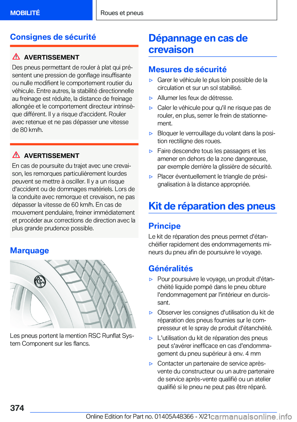 BMW X4 2022  Notices Demploi (in French) �C�o�n�s�i�g�n�e�s��d�e��s�é�c�u�r�i�t�é
�A�V�E�R�T�I�S�S�E�M�E�N�T
�D�e�s��p�n�e�u�s��p�e�r�m�e�t�t�a�n�t��d�e��r�o�u�l�e�r��