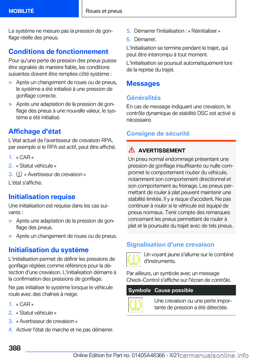 BMW X4 2022  Notices Demploi (in French) �L�e��s�y�s�t�è�m�e��n�e��m�e�s�u�r�e��p�a�s��l�a��p�r�e�s�s�i�o�n��d�e��g�o�nj�f�l�a�g�e��r�é�e�l�l�e��d�e�s��p�n�e�u�s�.
�C�o�n�d�i�t�i�o�n�s��d�e��f�o�n�c�t�i�o�n�n�e�m�e�n�t
�P�o�u
