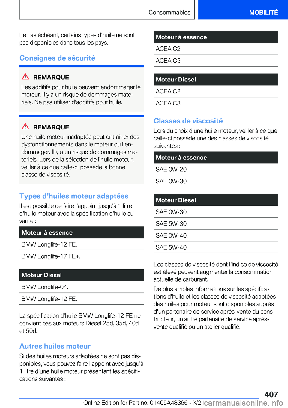 BMW X4 2022  Notices Demploi (in French) �L�e��c�a�s��é�c�h�é�a�n�t�,��c�e�r�t�a�i�n�s��t�y�p�e�s��d�'�h�u�i�l�e��n�e��s�o�n�t
�p�a�s��d�i�s�p�o�n�i�b�l�e�s��d�a�n�s��t�o�u�s��l�e�s��p�a�y�s�.
�C�o�n�s�i�g�n�e�s��d�e��s�