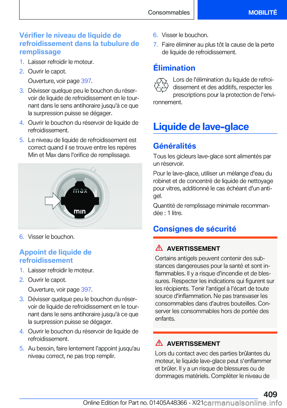 BMW X4 2022  Notices Demploi (in French) �V�é�r�i�f�i�e�r��l�e��n�i�v�e�a�u��d�e��l�i�q�u�i�d�e��d�e
�r�e�f�r�o�i�d�i�s�s�e�m�e�n�t��d�a�n�s��l�a��t�u�b�u�l�u�r�e��d�e
�r�e�m�p�l�i�s�s�a�g�e�1�.�L�a�i�s�s�e�r��r�e�f�r�o�i�d�i�r��
