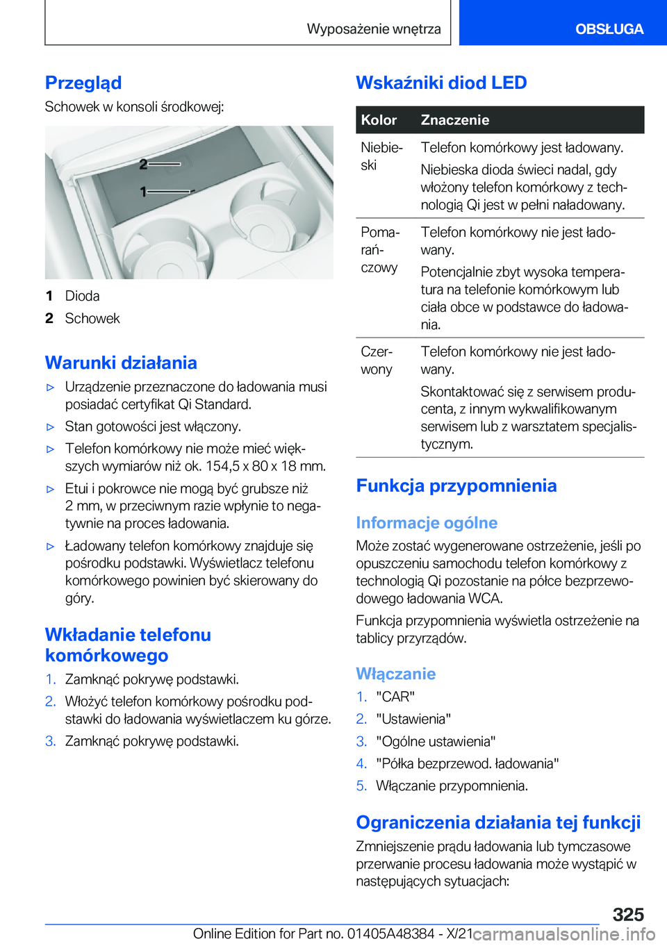 BMW X4 2022  Instrukcja obsługi (in Polish) �P�r�z�e�g�l�ą�d�S�c�h�o�w�e�k��w��k�o�n�s�o�l�i��r�o�d�k�o�w�e�j�:�1�D�i�o�d�a�2�S�c�h�o�w�e�k
�W�a�r�u�n�k�i��d�z�i�a�ł�a�n�i�a
'x�U�r�z�