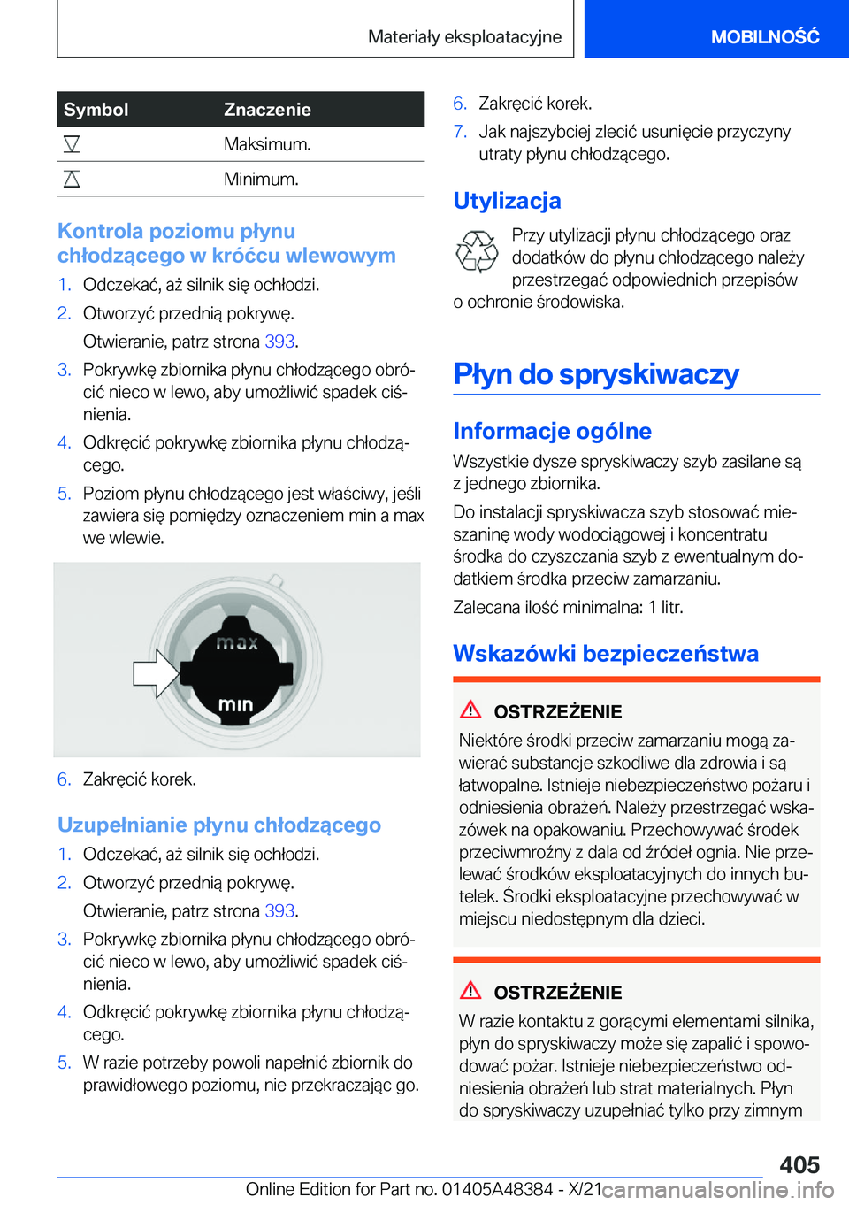 BMW X4 2022  Instrukcja obsługi (in Polish) �S�y�m�b�o�l�Z�n�a�c�z�e�n�i�e��M�a�k�s�i�m�u�m�.��M�i�n�i�m�u�m�.
�K�o�n�t�r�o�l�a��p�o�z�i�o�m�u��p�ł�y�n�u
�c�h�ł�o�d�z�ą�c�e�g�o��w��k�r�