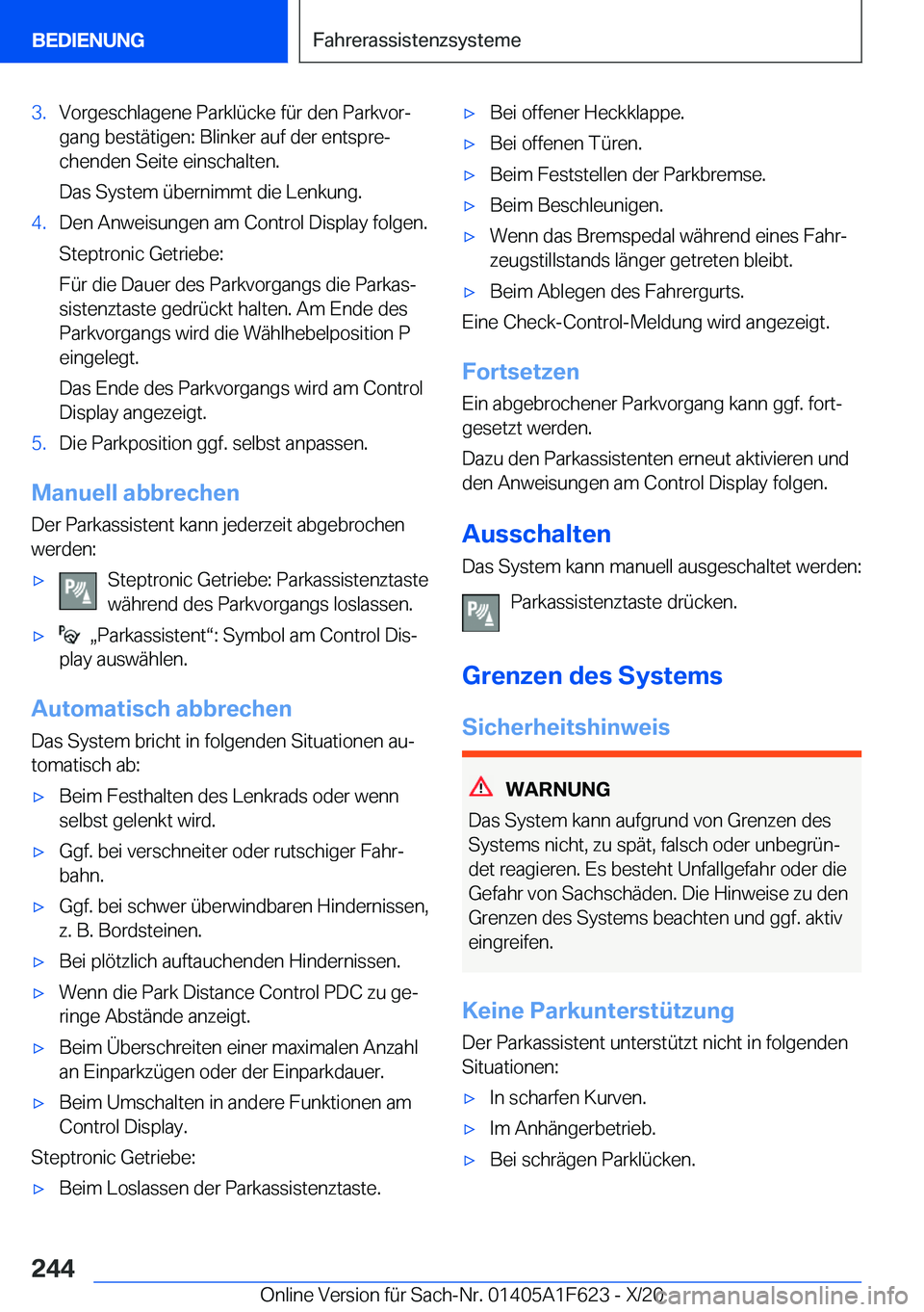 BMW X4 2021  Betriebsanleitungen (in German) �3�.�V�o�r�g�e�s�c�h�l�a�g�e�n�e��P�a�r�k�l�