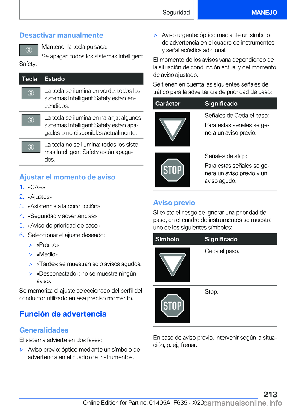 BMW X4 2021  Manuales de Empleo (in Spanish) �D�e�s�a�c�t�i�v�a�r��m�a�n�u�a�l�m�e�n�t�e�M�a�n�t�e�n�e�r��l�a��t�e�c�l�a��p�u�l�s�a�d�a�.
�S�e��a�p�a�g�a�n��t�o�d�o�s��l�o�s��s�i�s�t�e�m�a�s��I�n�t�e�l�l�i�g�e�n�t
�S�a�f�e�t�y�.�T�e�c�l