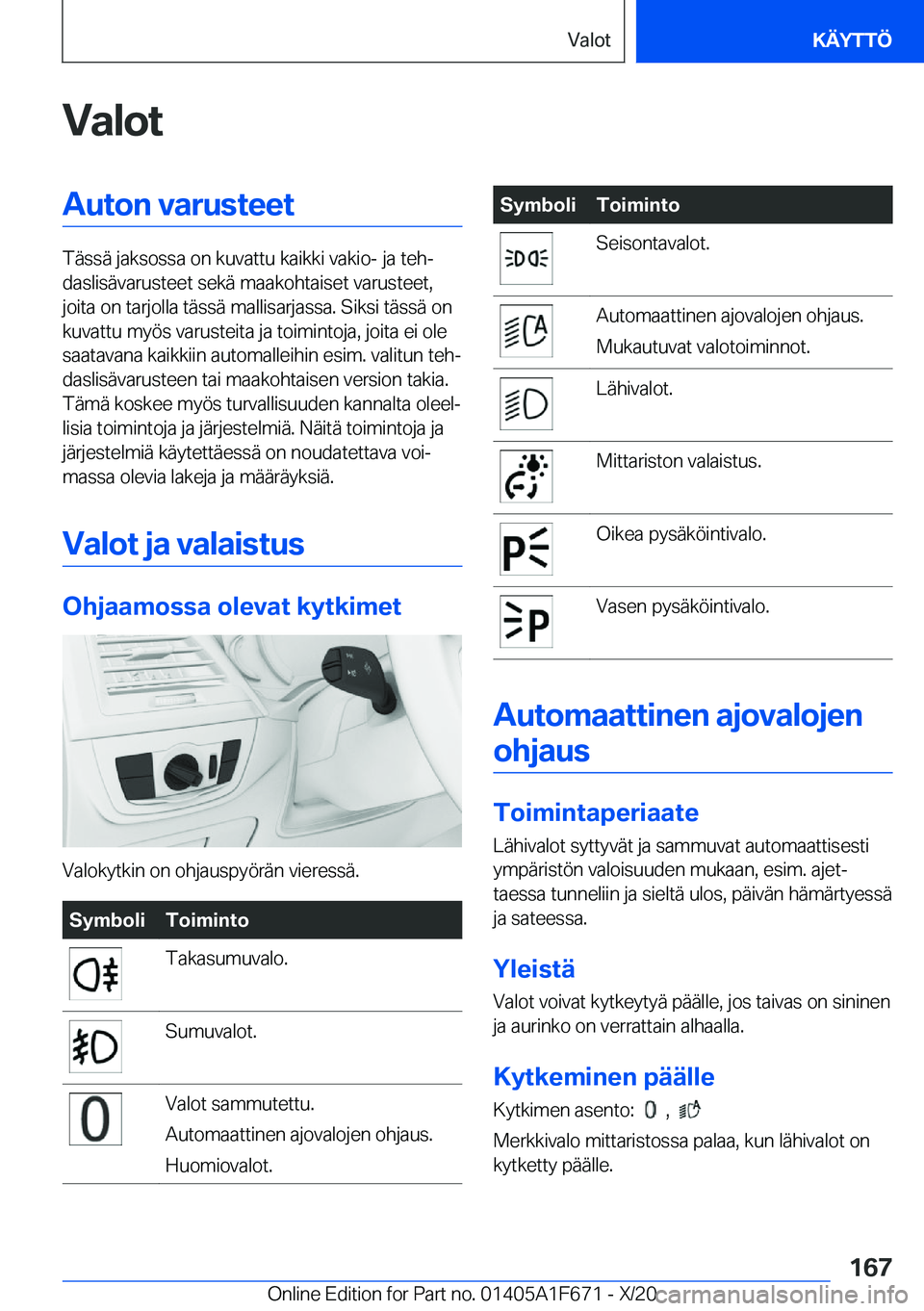 BMW X4 2021  Omistajan Käsikirja (in Finnish) �V�a�l�o�t�A�u�t�o�n��v�a�r�u�s�t�e�e�t
�T�