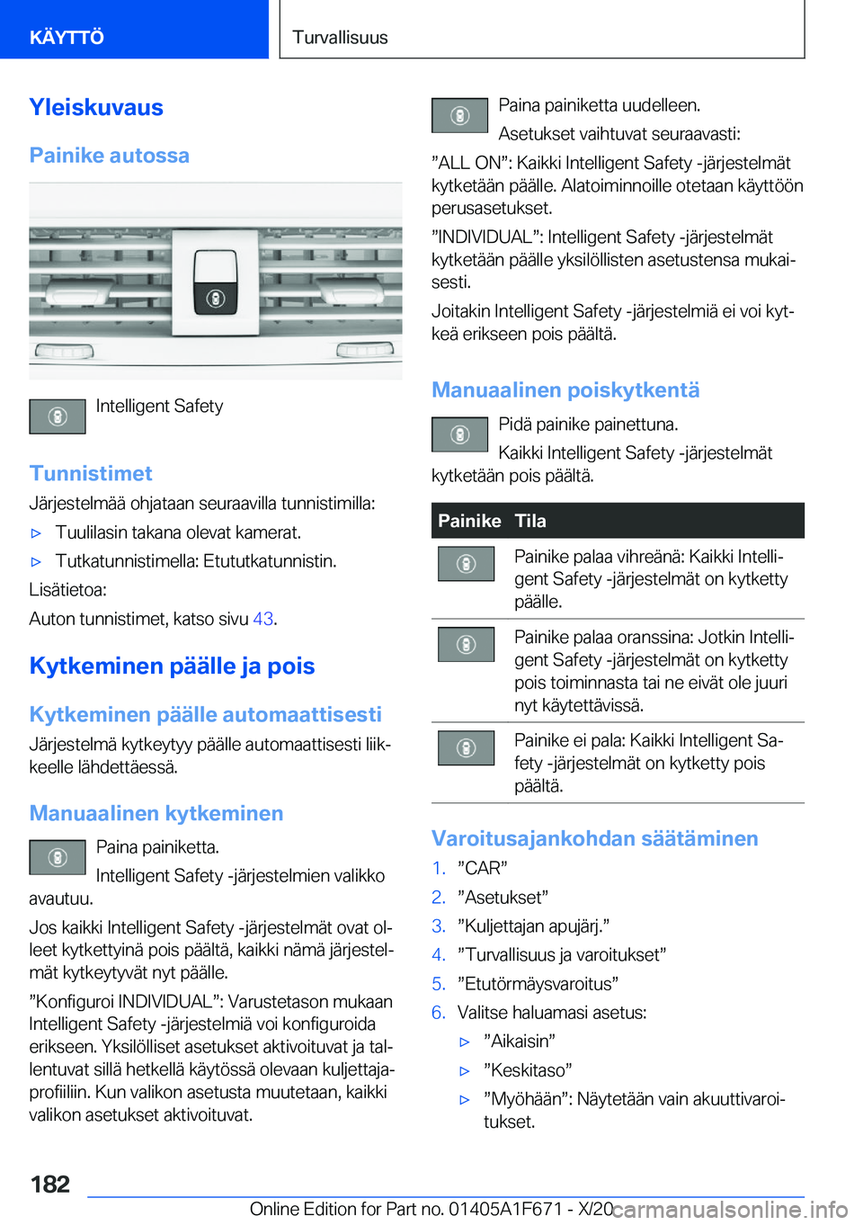 BMW X4 2021  Omistajan Käsikirja (in Finnish) �Y�l�e�i�s�k�u�v�a�u�s
�P�a�i�n�i�k�e��a�u�t�o�s�s�a
�I�n�t�e�l�l�i�g�e�n�t��S�a�f�e�t�y
�T�u�n�n�i�s�t�i�m�e�t
�J�