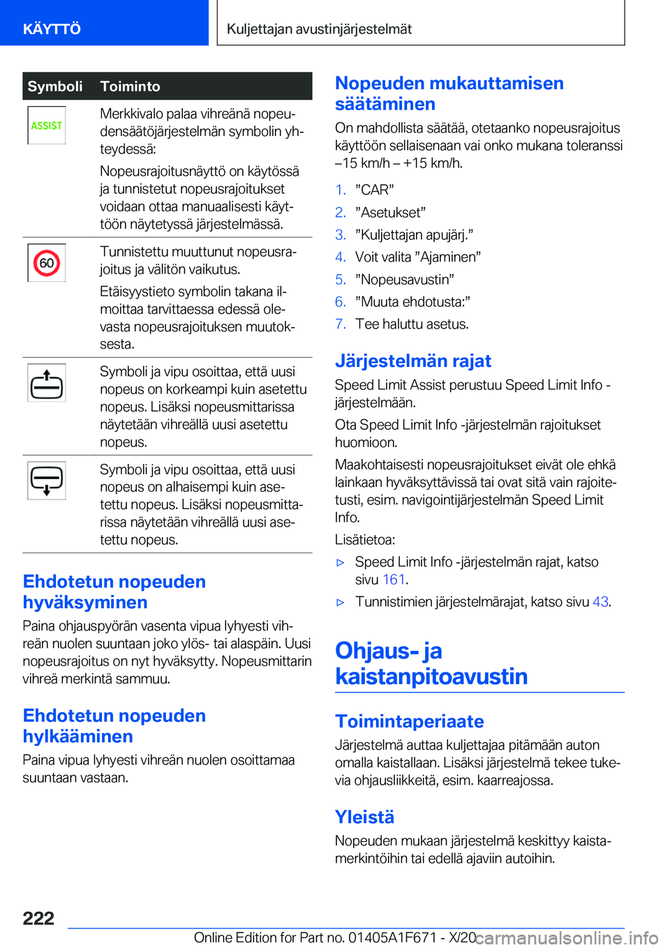 BMW X4 2021  Omistajan Käsikirja (in Finnish) �S�y�m�b�o�l�i�T�o�i�m�i�n�t�o�M�e�r�k�k�i�v�a�l�o��p�a�l�a�a��v�i�h�r�e�