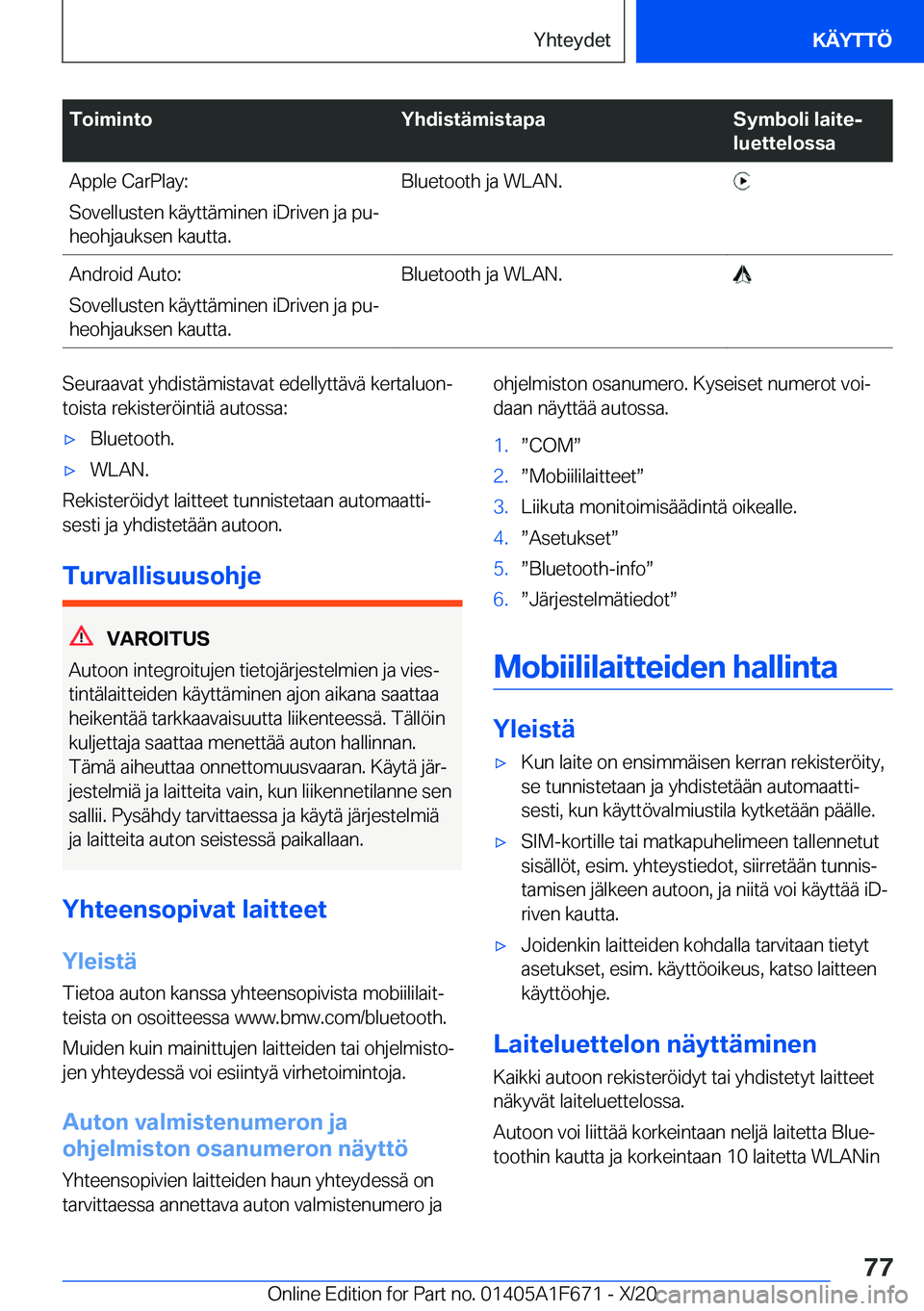 BMW X4 2021  Omistajan Käsikirja (in Finnish) �T�o�i�m�i�n�t�o�Y�h�d�i�s�t�