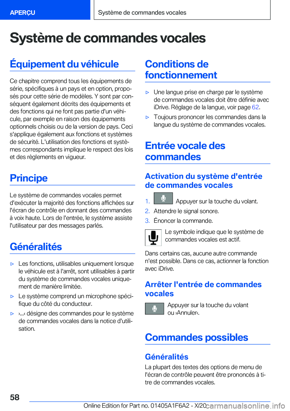 BMW X4 2021  Notices Demploi (in French) �S�y�s�t�è�m�e��d�e��c�o�m�m�a�n�d�e�s��v�o�c�a�l�e�s�