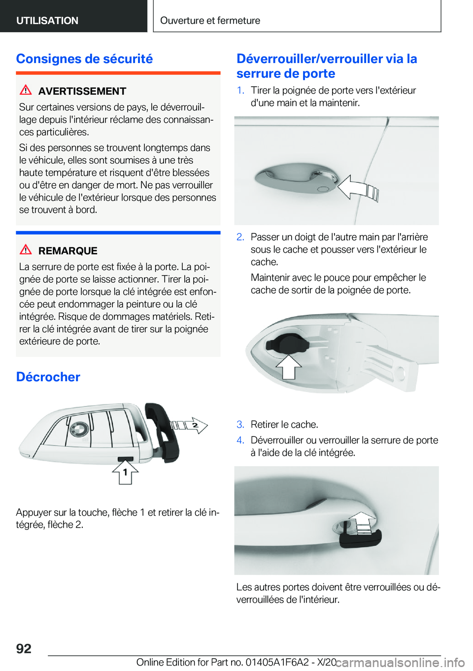 BMW X4 2021  Notices Demploi (in French) �C�o�n�s�i�g�n�e�s��d�e��s�é�c�u�r�i�t�é
�A�V�E�R�T�I�S�S�E�M�E�N�T
�S�u�r��c�e�r�t�a�i�n�e�s��v�e�r�s�i�o�n�s��d�e��p�a�y�s�,��l�e��d�é�v�e�r�r�o�u�i�lj
�l�a�g�e��d�e�p�u�i�s��l�'�i
