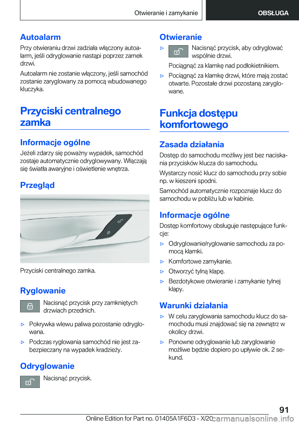 BMW X4 2021  Instrukcja obsługi (in Polish) �A�u�t�o�a�l�a�r�m�P�r�z�y��o�t�w�i�e�r�a�n�i�u��d�r�z�w�i��z�a�d�z�i�a�ł�a��w�ł�
