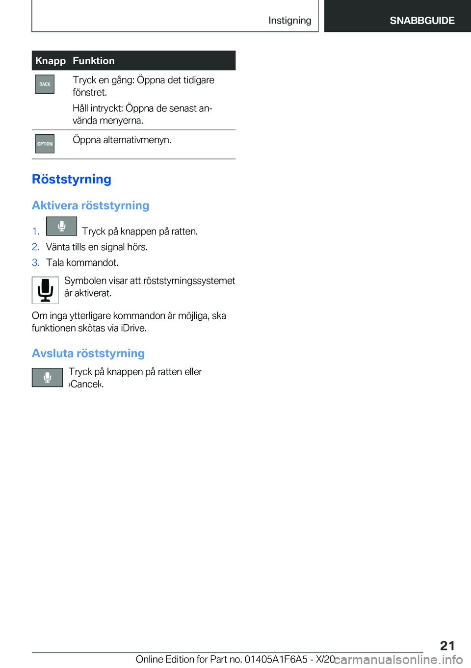 BMW X4 2021  InstruktionsbÖcker (in Swedish) �K�n�a�p�p�F�u�n�k�t�i�o�n�T�r�y�c�k��e�n��g�å�n�g�:��