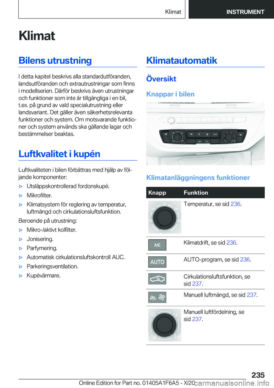 BMW X4 2021  InstruktionsbÖcker (in Swedish) �K�l�i�m�a�t�B�i�l�e�n�s��u�t�r�u�s�t�n�i�n�g
�I��d�e�t�t�a��k�a�p�i�t�e�l��b�e�s�k�r�i�v�s��a�l�l�a��s�t�a�n�d�a�r�d�u�t�f�