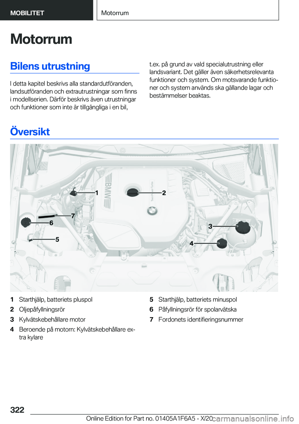 BMW X4 2021  InstruktionsbÖcker (in Swedish) �M�o�t�o�r�r�u�m�B�i�l�e�n�s��u�t�r�u�s�t�n�i�n�g
�I��d�e�t�t�a��k�a�p�i�t�e�l��b�e�s�k�r�i�v�s��a�l�l�a��s�t�a�n�d�a�r�d�u�t�f�