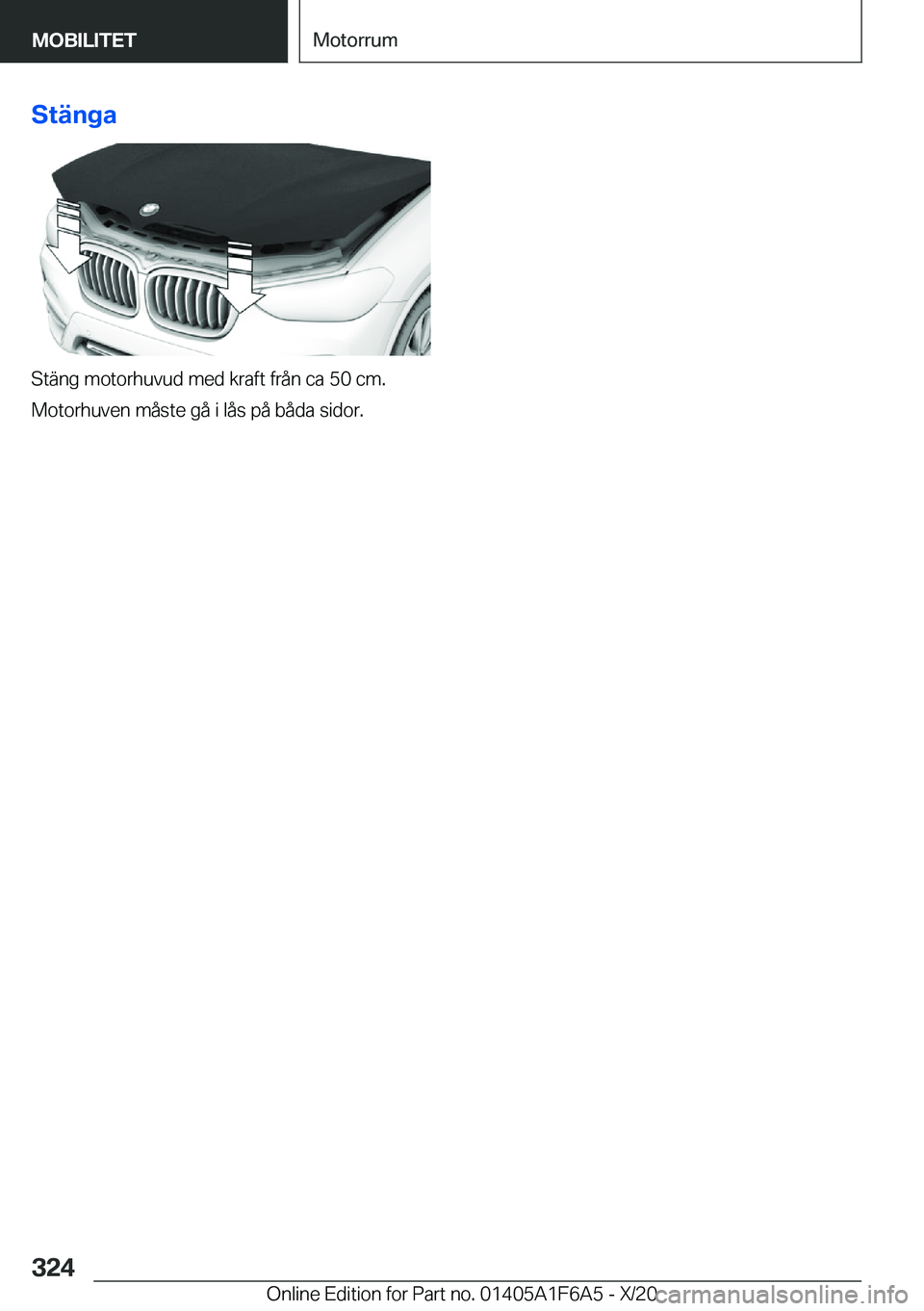 BMW X4 2021  InstruktionsbÖcker (in Swedish) �S�t�ä�n�g�a
�S�t�ä�n�g��m�o�t�o�r�h�u�v�u�d��m�e�d��k�r�a�f�t��f�r�å�n��c�a��5�0��c�m�.
�M�o�t�o�r�h�u�v�e�n��m�å�s�t�e��g�å��i��l�å�s��p�å��b�å�d�a��s�i�d�o�r�.
�S�e�i�t�e��3�