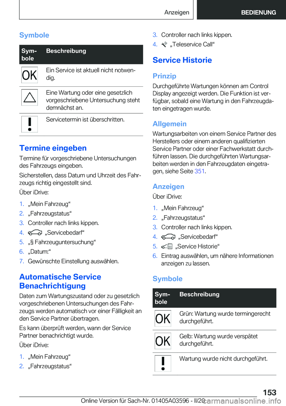 BMW X4 2020  Betriebsanleitungen (in German) �S�y�m�b�o�l�e�S�y�mj
�b�o�l�e�B�e�s�c�h�r�e�i�b�u�n�g�E�i�n��S�e�r�v�i�c�e��i�s�t��a�k�t�u�e�l�l��n�i�c�h�t��n�o�t�w�e�nj
�d�i�g�.�E�i�n�e��W�a�r�t�u�n�g��o�d�e�r��e�i�n�e��g�e�s�e�t�z�l�i