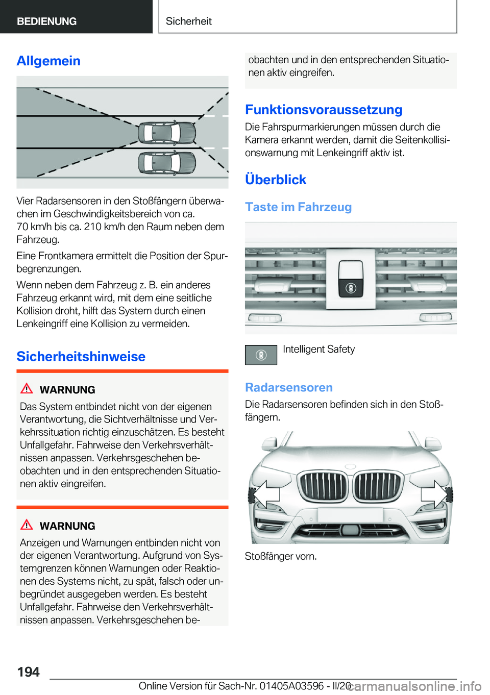 BMW X4 2020  Betriebsanleitungen (in German) �A�l�l�g�e�m�e�i�n
�V�i�e�r��R�a�d�a�r�s�e�n�s�o�r�e�n��i�n��d�e�n��S�t�o�