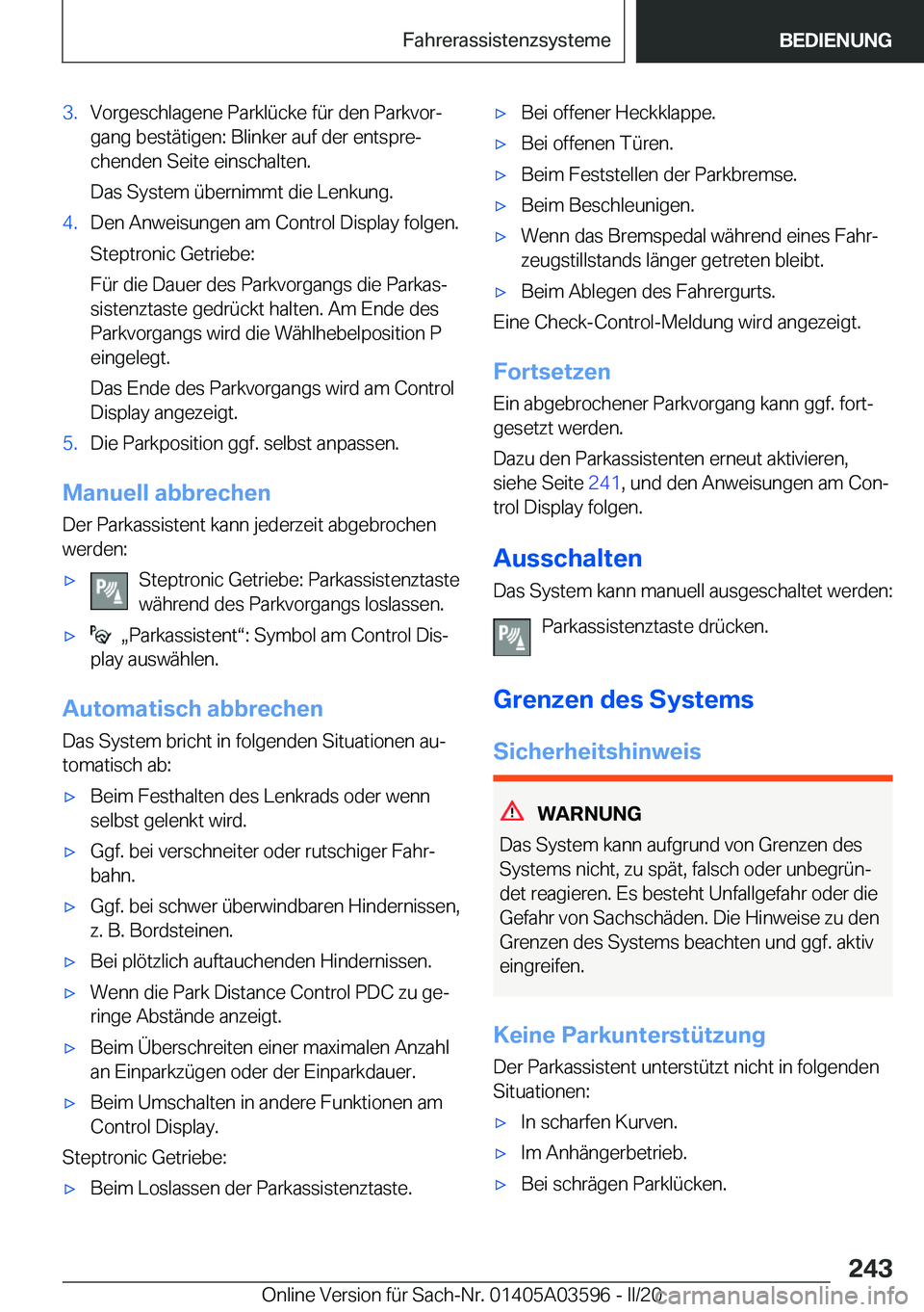 BMW X4 2020  Betriebsanleitungen (in German) �3�.�V�o�r�g�e�s�c�h�l�a�g�e�n�e��P�a�r�k�l�