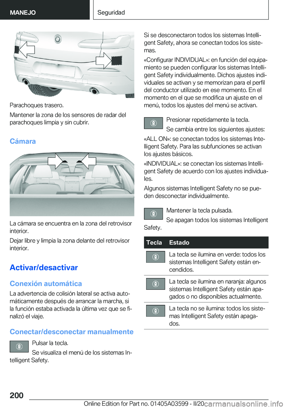 BMW X4 2020  Manuales de Empleo (in Spanish) �P�a�r�a�c�h�o�q�u�e�s��t�r�a�s�e�r�o�.
�M�a�n�t�e�n�e�r��l�a��z�o�n�a��d�e��l�o�s��s�e�n�s�o�r�e�s��d�e��r�a�d�a�r��d�e�l
�p�a�r�a�c�h�o�q�u�e�s��l�i�m�p�i�a��y��s�i�n��c�u�b�r�i�r�.
�C�