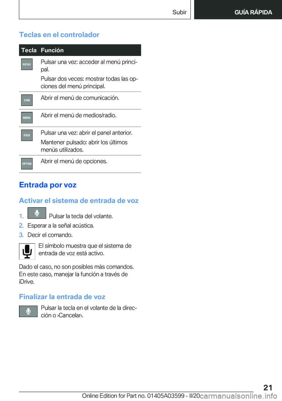 BMW X4 2020  Manuales de Empleo (in Spanish) �T�e�c�l�a�s��e�n��e�l��c�o�n�t�r�o�l�a�d�o�r�T�e�c�l�a�F�u�n�c�i�