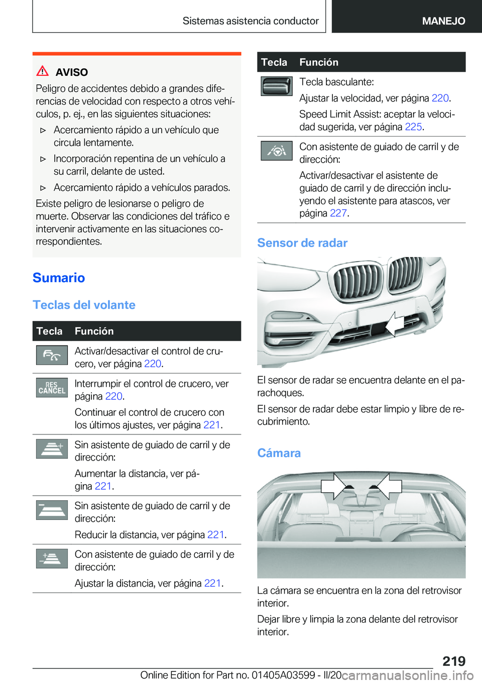 BMW X4 2020  Manuales de Empleo (in Spanish) �A�V�I�S�O
�P�e�l�i�g�r�o��d�e��a�c�c�i�d�e�n�t�e�s��d�e�b�i�d�o��a��g�r�a�n�d�e�s��d�i�f�eª
�r�e�n�c�i�a�s��d�e��v�e�l�o�c�i�d�a�d��c�o�n��r�e�s�p�e�c�t�o��a��o�t�r�o�s��v�e�h�