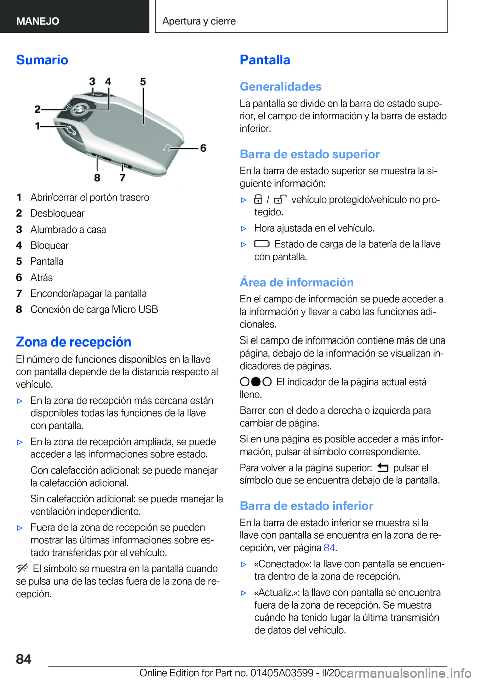 BMW X4 2020  Manuales de Empleo (in Spanish) �S�u�m�a�r�i�o�1�A�b�r�i�r�/�c�e�r�r�a�r��e�l��p�o�r�t�