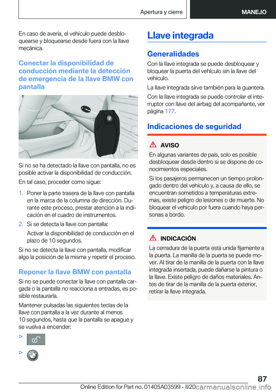 BMW X4 2020  Manuales de Empleo (in Spanish) �E�n��c�a�s�o��d�e��a�v�e�r�