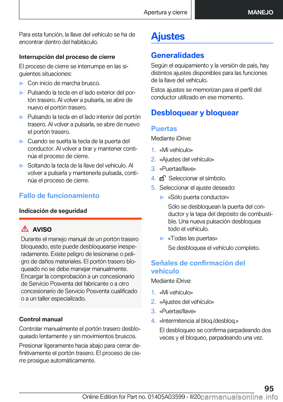 BMW X4 2020  Manuales de Empleo (in Spanish) �P�a�r�a��e�s�t�a��f�u�n�c�i�
