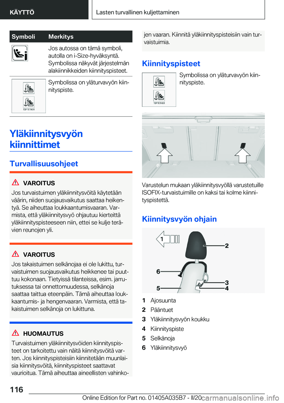 BMW X4 2020  Omistajan Käsikirja (in Finnish) �S�y�m�b�o�l�i�M�e�r�k�i�t�y�s�J�o�s��a�u�t�o�s�s�a��o�n��t�