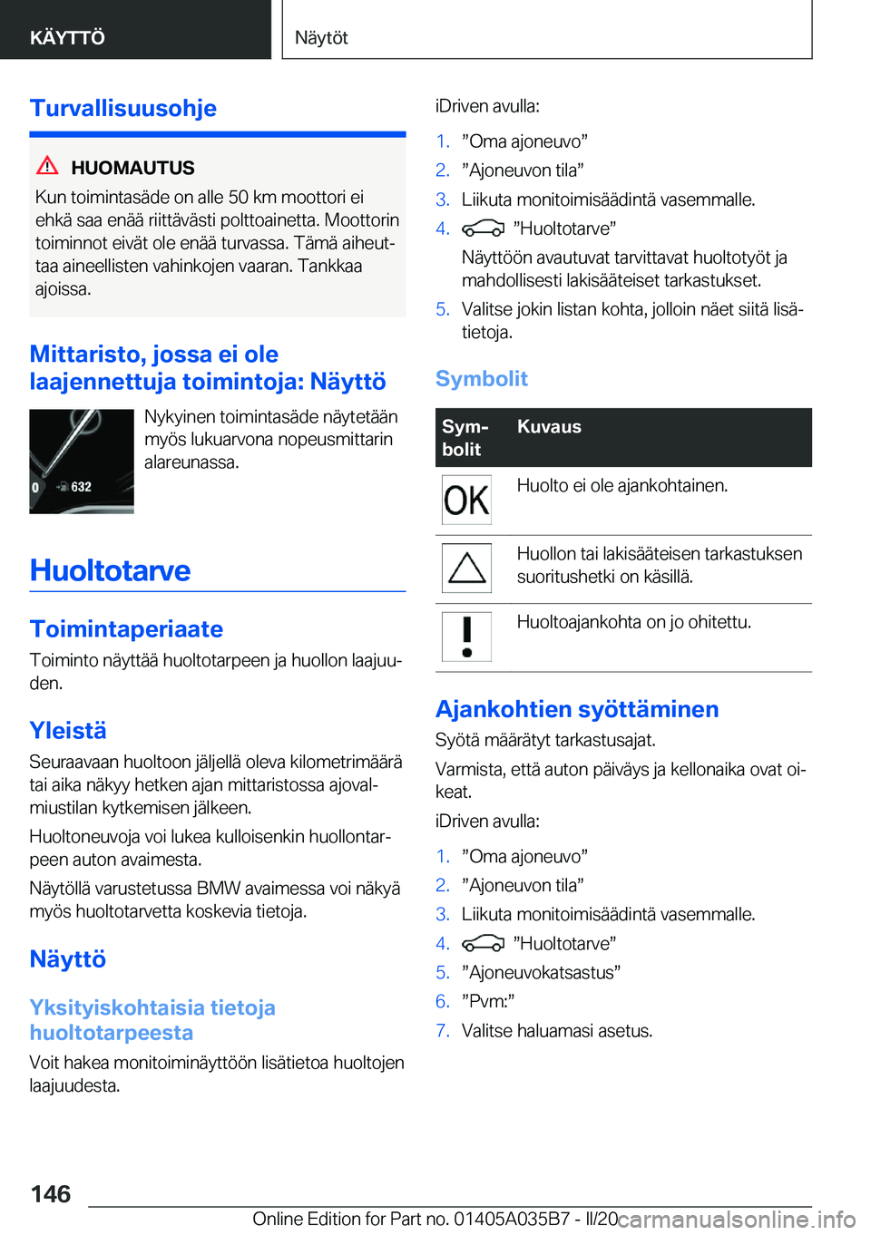 BMW X4 2020  Omistajan Käsikirja (in Finnish) �T�u�r�v�a�l�l�i�s�u�u�s�o�h�j�e
�H�U�O�M�A�U�T�U�S
�K�u�n��t�o�i�m�i�n�t�a�s�