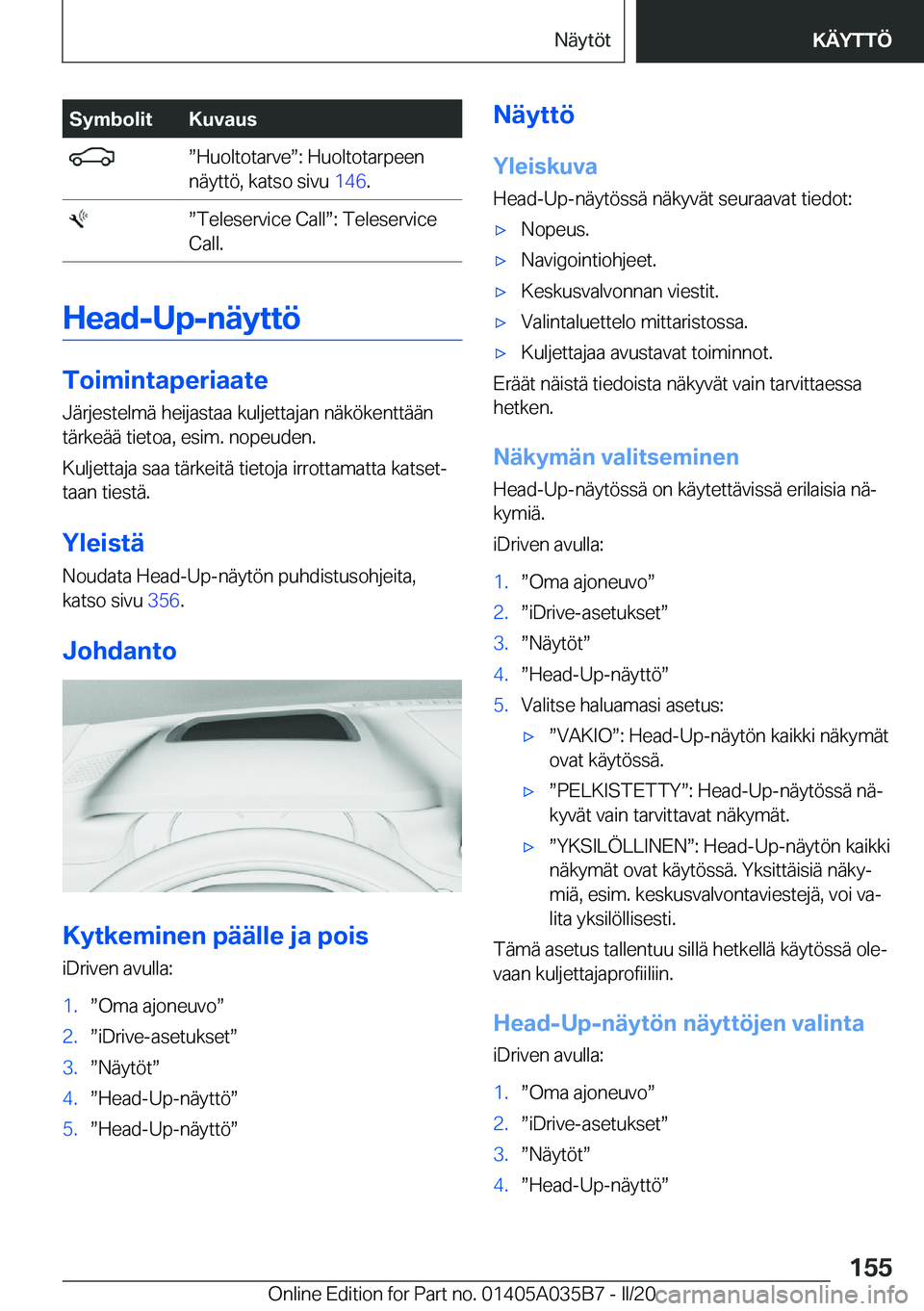 BMW X4 2020  Omistajan Käsikirja (in Finnish) �S�y�m�b�o�l�i�t�K�u�v�a�u�s�w�H�u�o�l�t�o�t�a�r�v�ew�:��H�u�o�l�t�o�t�a�r�p�e�e�n
�n�