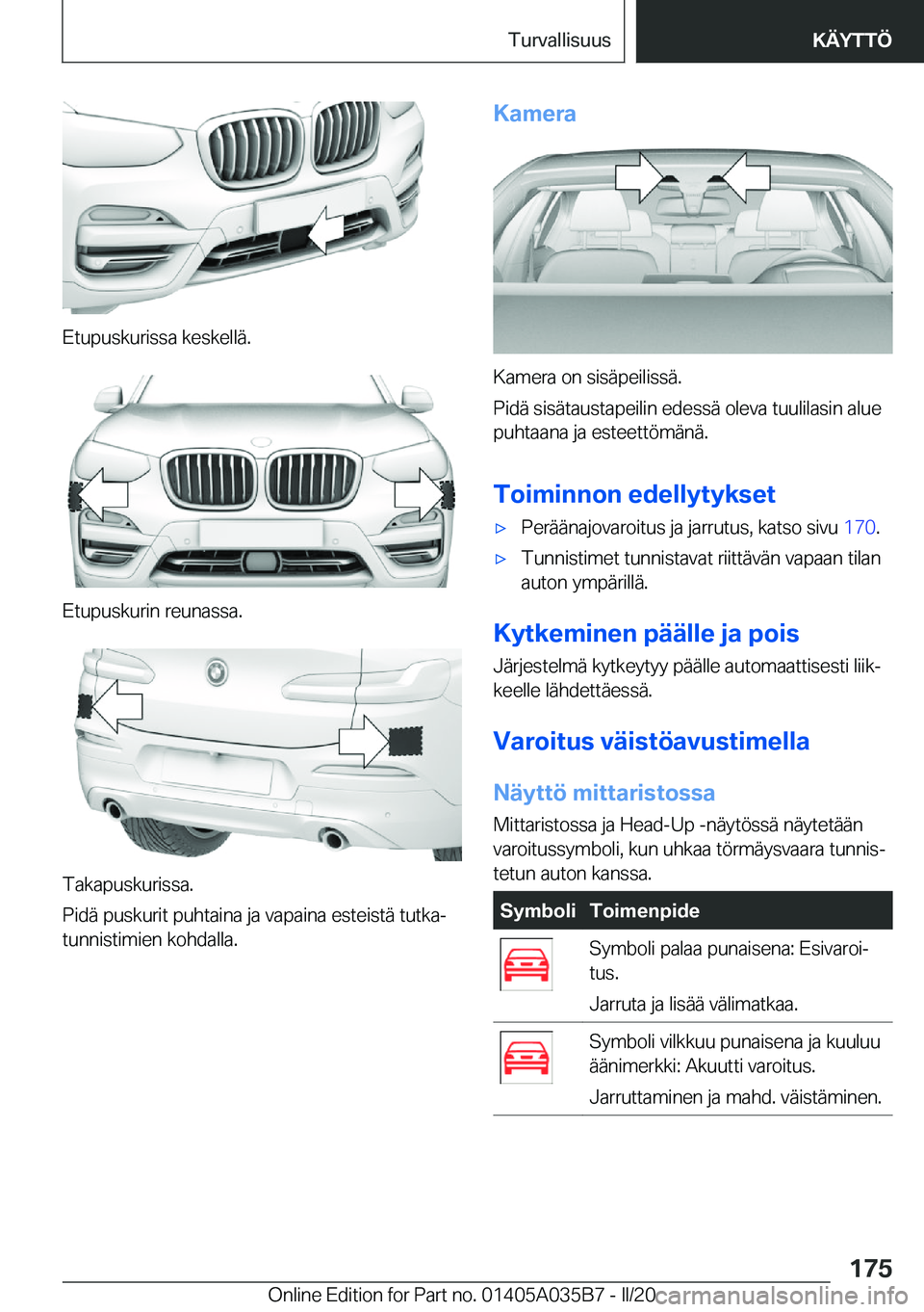 BMW X4 2020  Omistajan Käsikirja (in Finnish) �E�t�u�p�u�s�k�u�r�i�s�s�a��k�e�s�k�e�l�l�