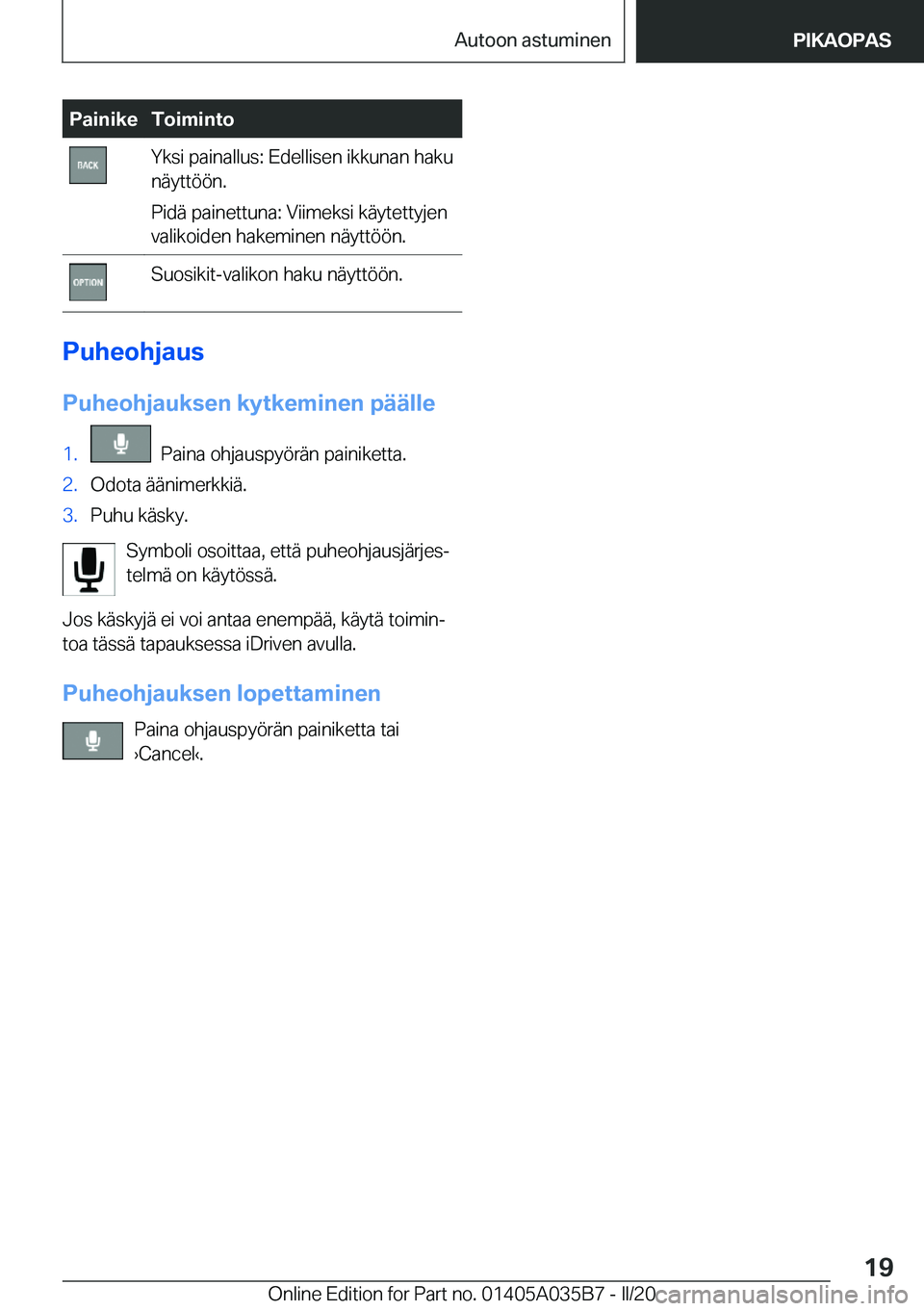 BMW X4 2020  Omistajan Käsikirja (in Finnish) �P�a�i�n�i�k�e�T�o�i�m�i�n�t�o�Y�k�s�i��p�a�i�n�a�l�l�u�s�:��E�d�e�l�l�i�s�e�n��i�k�k�u�n�a�n��h�a�k�u
�n�