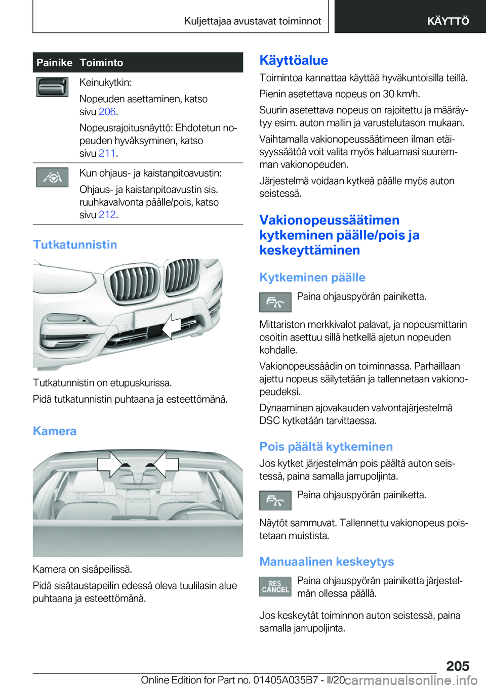 BMW X4 2020  Omistajan Käsikirja (in Finnish) �P�a�i�n�i�k�e�T�o�i�m�i�n�t�o�K�e�i�n�u�k�y�t�k�i�n�:
�N�o�p�e�u�d�e�n��a�s�e�t�t�a�m�i�n�e�n�,��k�a�t�s�o
�s�i�v�u� �2�0�6�.
�N�o�p�e�u�s�r�a�j�o�i�t�u�s�n�