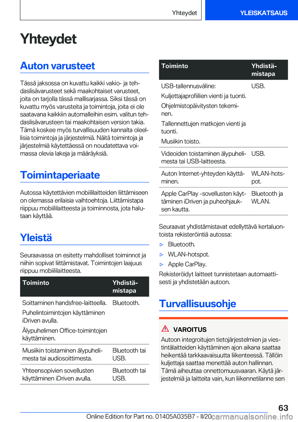 BMW X4 2020  Omistajan Käsikirja (in Finnish) �Y�h�t�e�y�d�e�t�A�u�t�o�n��v�a�r�u�s�t�e�e�t
�T�