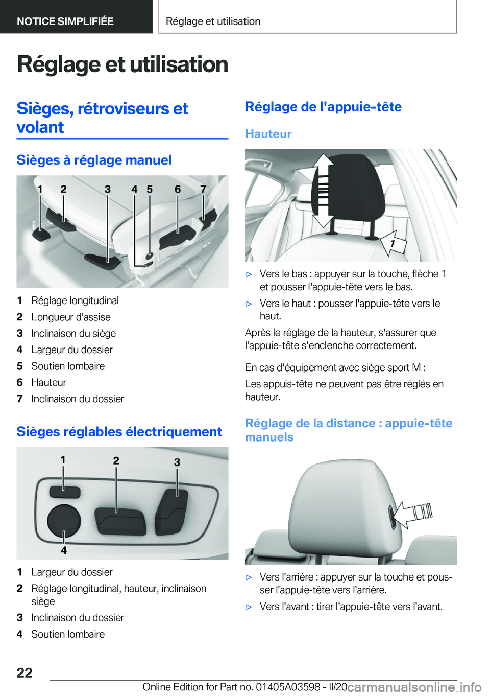 BMW X4 2020  Notices Demploi (in French) �R�é�g�l�a�g�e��e�t��u�t�i�l�i�s�a�t�i�o�n�S�i�è�g�e�s�,��r�é�t�r�o�v�i�s�e�u�r�s��e�t�v�o�l�a�n�t
�S�i�è�g�e�s��