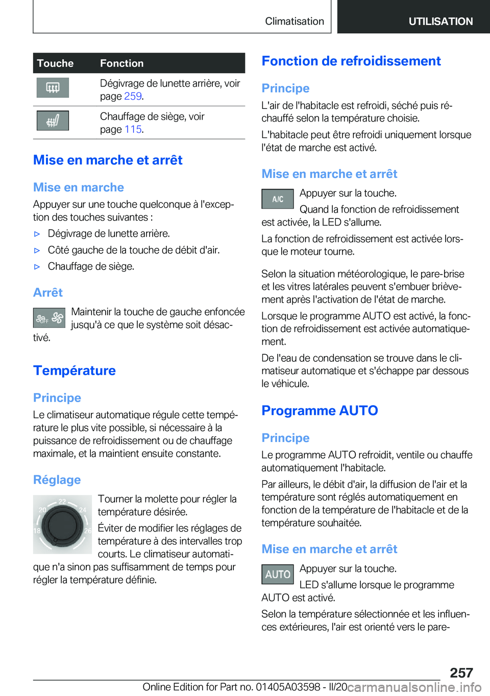 BMW X4 2020  Notices Demploi (in French) �T�o�u�c�h�e�F�o�n�c�t�i�o�n�D�é�g�i�v�r�a�g�e��d�e��l�u�n�e�t�t�e��a�r�r�i�è�r�e�,��v�o�i�r
�p�a�g�e� �2�5�9�.�C�h�a�u�f�f�a�g�e��d�e��s�i�è�g�e�,��v�o�i�r
�p�a�g�e� �1�1�5�.
�M�i�s�e��e