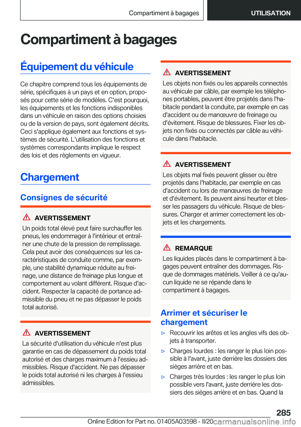 BMW X4 2020  Notices Demploi (in French) �C�o�m�p�a�r�t�i�m�e�n�t��