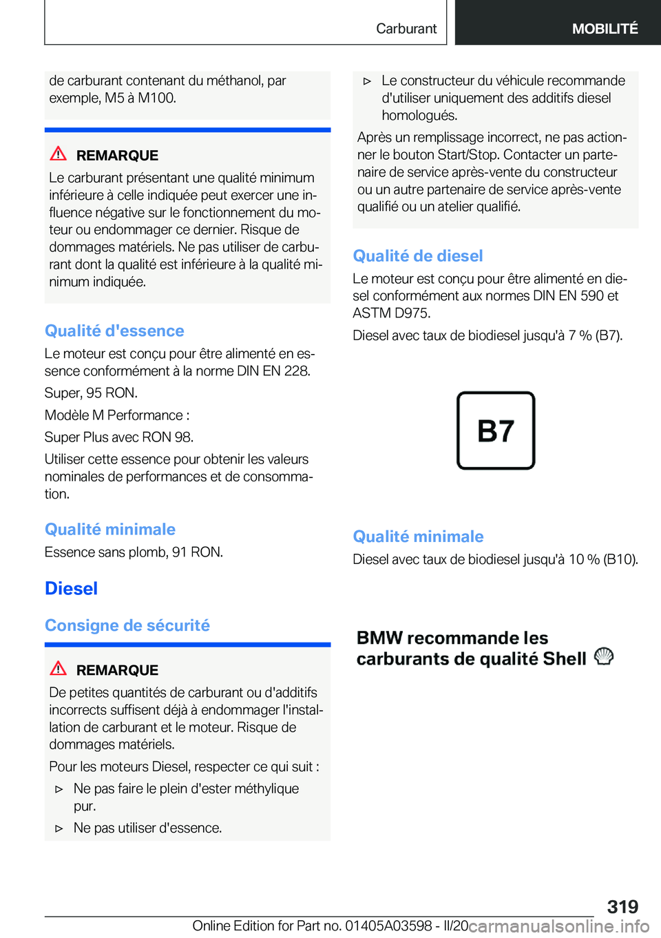 BMW X4 2020  Notices Demploi (in French) �d�e��c�a�r�b�u�r�a�n�t��c�o�n�t�e�n�a�n�t��d�u��m�é�t�h�a�n�o�l�,��p�a�r�e�x�e�m�p�l�e�,��M�5��