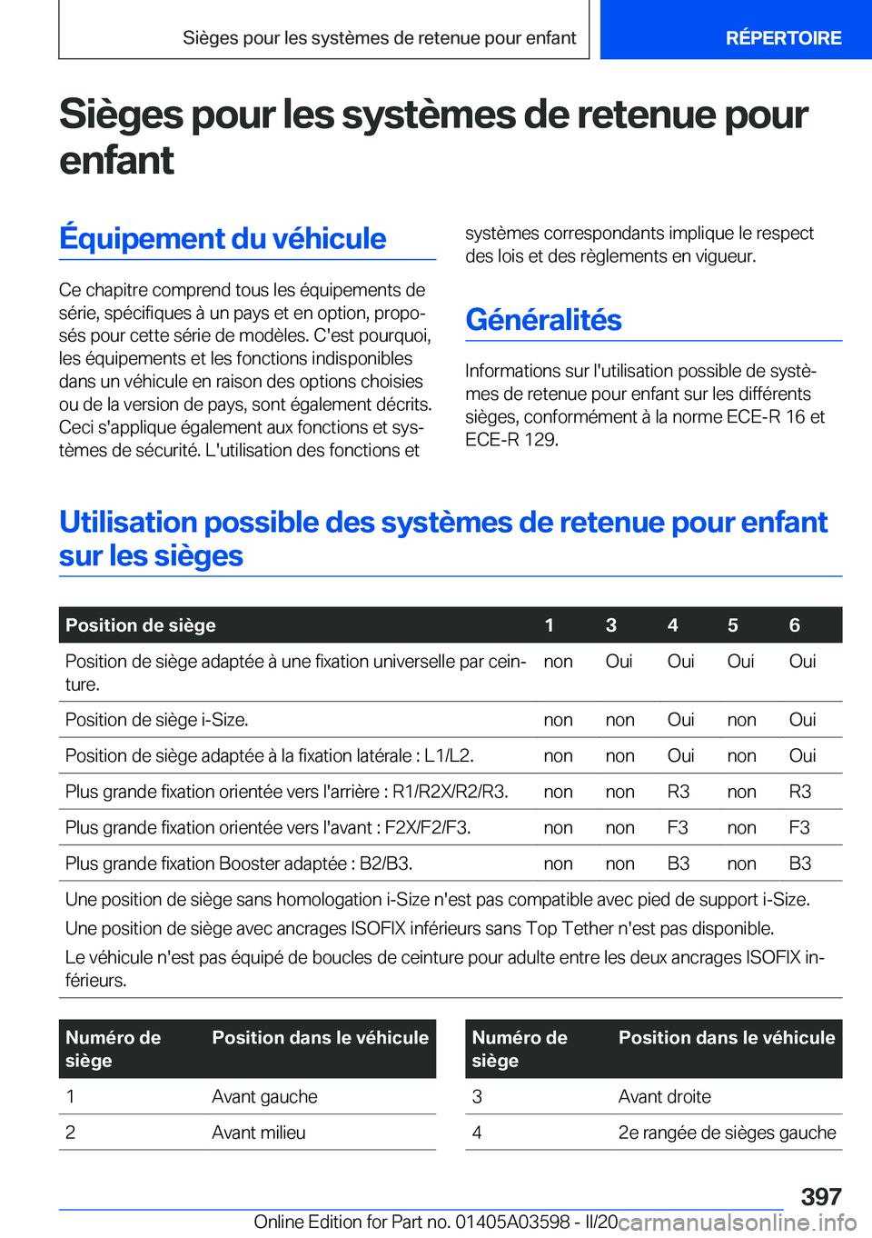 BMW X4 2020  Notices Demploi (in French) �S�i�è�g�e�s��p�o�u�r��l�e�s��s�y�s�t�è�m�e�s��d�e��r�e�t�e�n�u�e��p�o�u�r
�e�n�f�a�n�t�