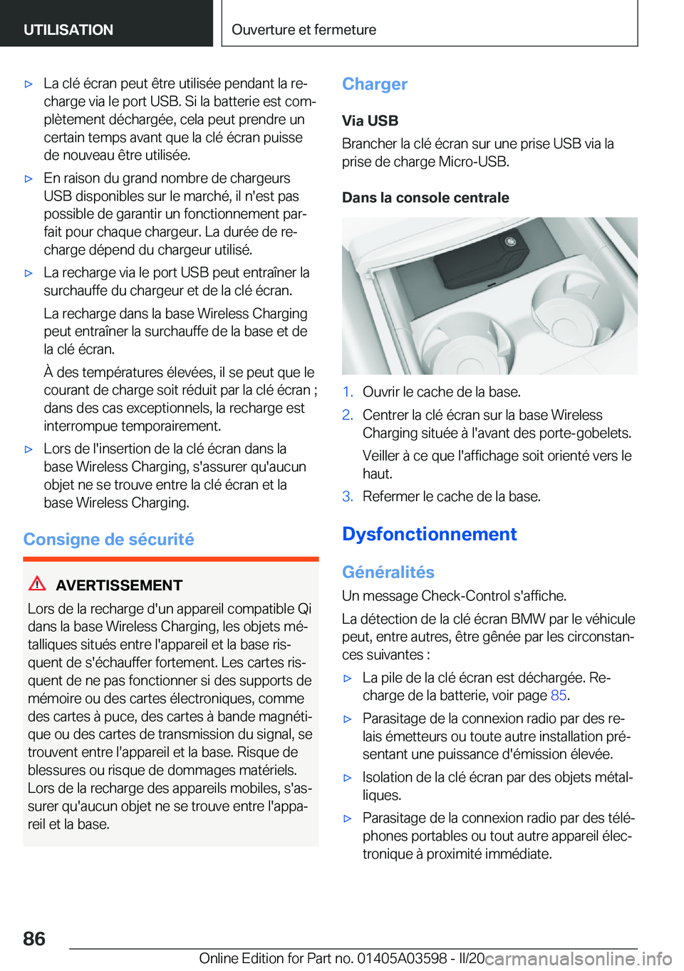 BMW X4 2020  Notices Demploi (in French) 'x�L�a��c�l�é��é�c�r�a�n��p�e�u�t��ê�t�r�e��u�t�i�l�i�s�é�e��p�e�n�d�a�n�t��l�a��r�ej�c�h�a�r�g�e��v�i�a��l�e��p�o�r�t��U�S�B�.��S�i��l�a��b�a�t�t�e�r�i�e��e�s�t��c�o�mj
�p�