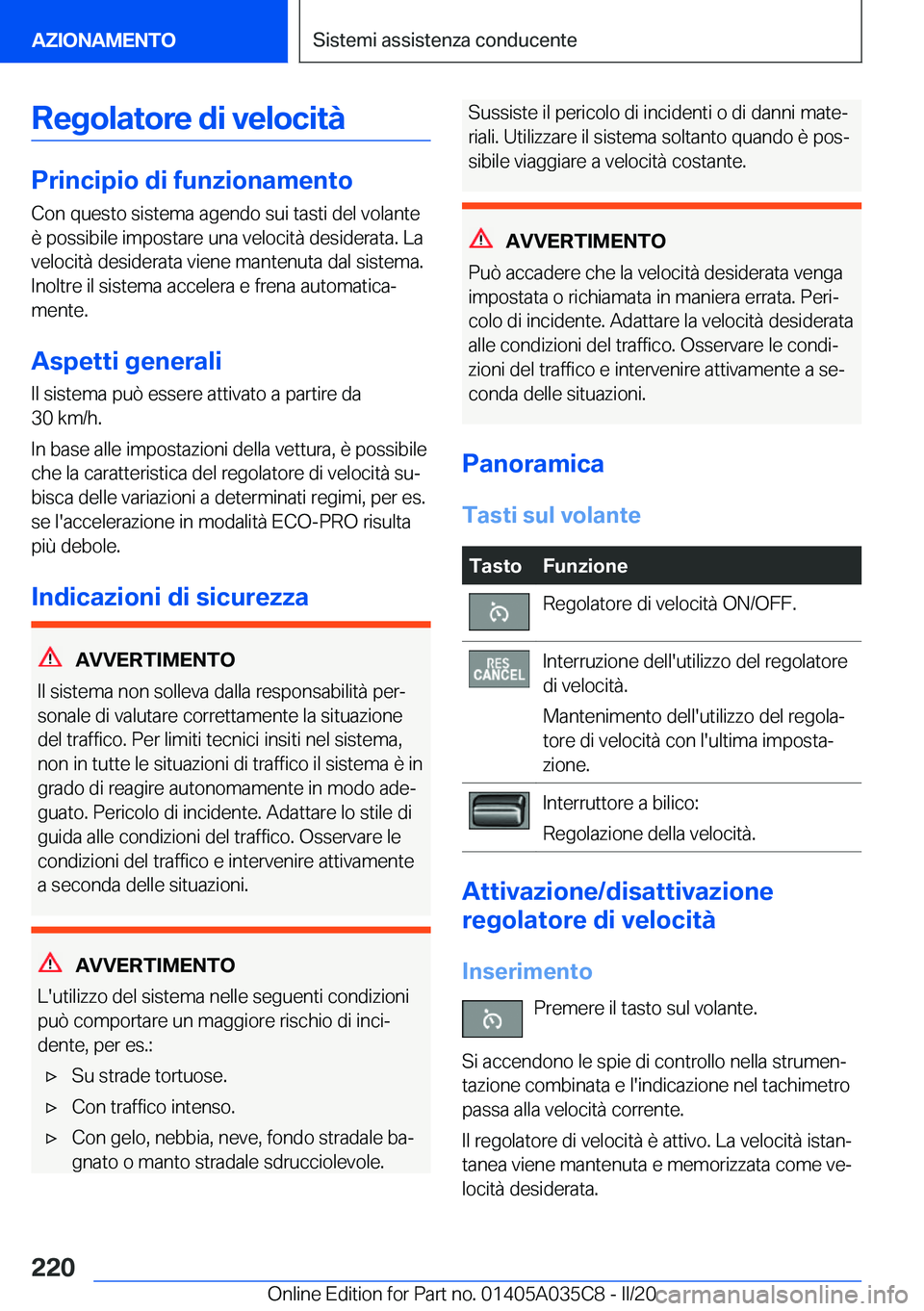 BMW X4 2020  Libretti Di Uso E manutenzione (in Italian) �R�e�g�o�l�a�t�o�r�e��d�i��v�e�l�o�c�i�t�