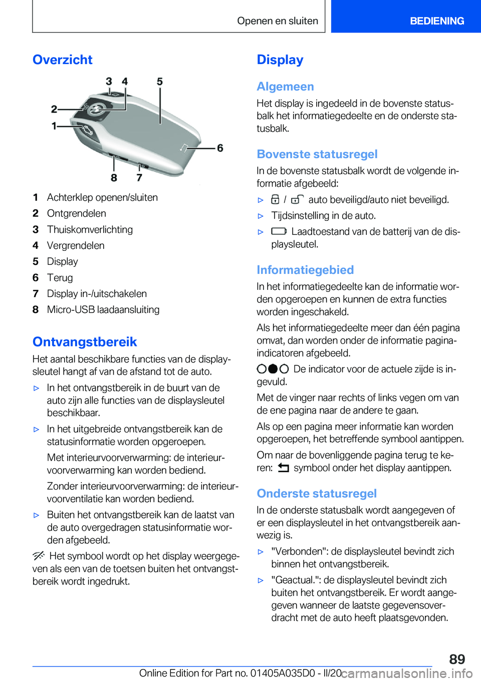 BMW X4 2020  Instructieboekjes (in Dutch) �O�v�e�r�z�i�c�h�t�1�A�c�h�t�e�r�k�l�e�p��o�p�e�n�e�n�/�s�l�u�i�t�e�n�2�O�n�t�g�r�e�n�d�e�l�e�n�3�T�h�u�i�s�k�o�m�v�e�r�l�i�c�h�t�i�n�g�4�V�e�r�g�r�e�n�d�e�l�e�n�5�D�i�s�p�l�a�y�6�T�e�r�u�g�7�D�i�s�p