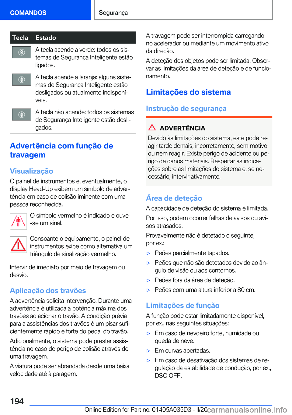 BMW X4 2020  Manual do condutor (in Portuguese) �T�e�c�l�a�E�s�t�a�d�o�A��t�e�c�l�a��a�c�e�n�d�e��a��v�e�r�d�e�:��t�o�d�o�s��o�s��s�i�sª
�t�e�m�a�s��d�e��S�e�g�u�r�a�n�