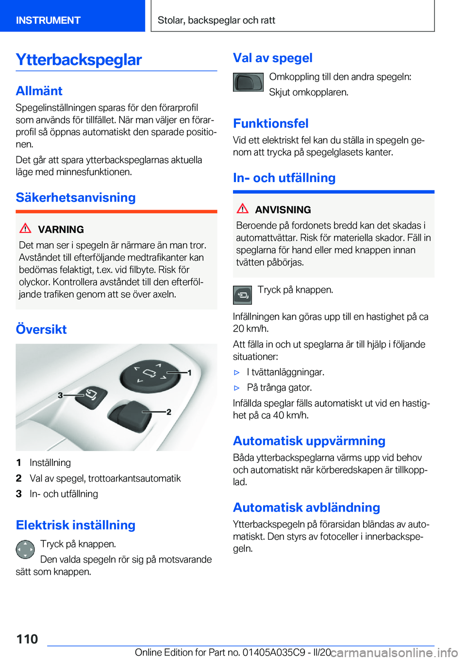BMW X4 2020  InstruktionsbÖcker (in Swedish) �Y�t�t�e�r�b�a�c�k�s�p�e�g�l�a�r
�A�l�l�m�ä�n�t
�S�p�e�g�e�l�i�n�s�t�ä�l�l�n�i�n�g�e�n��s�p�a�r�a�s��f�
