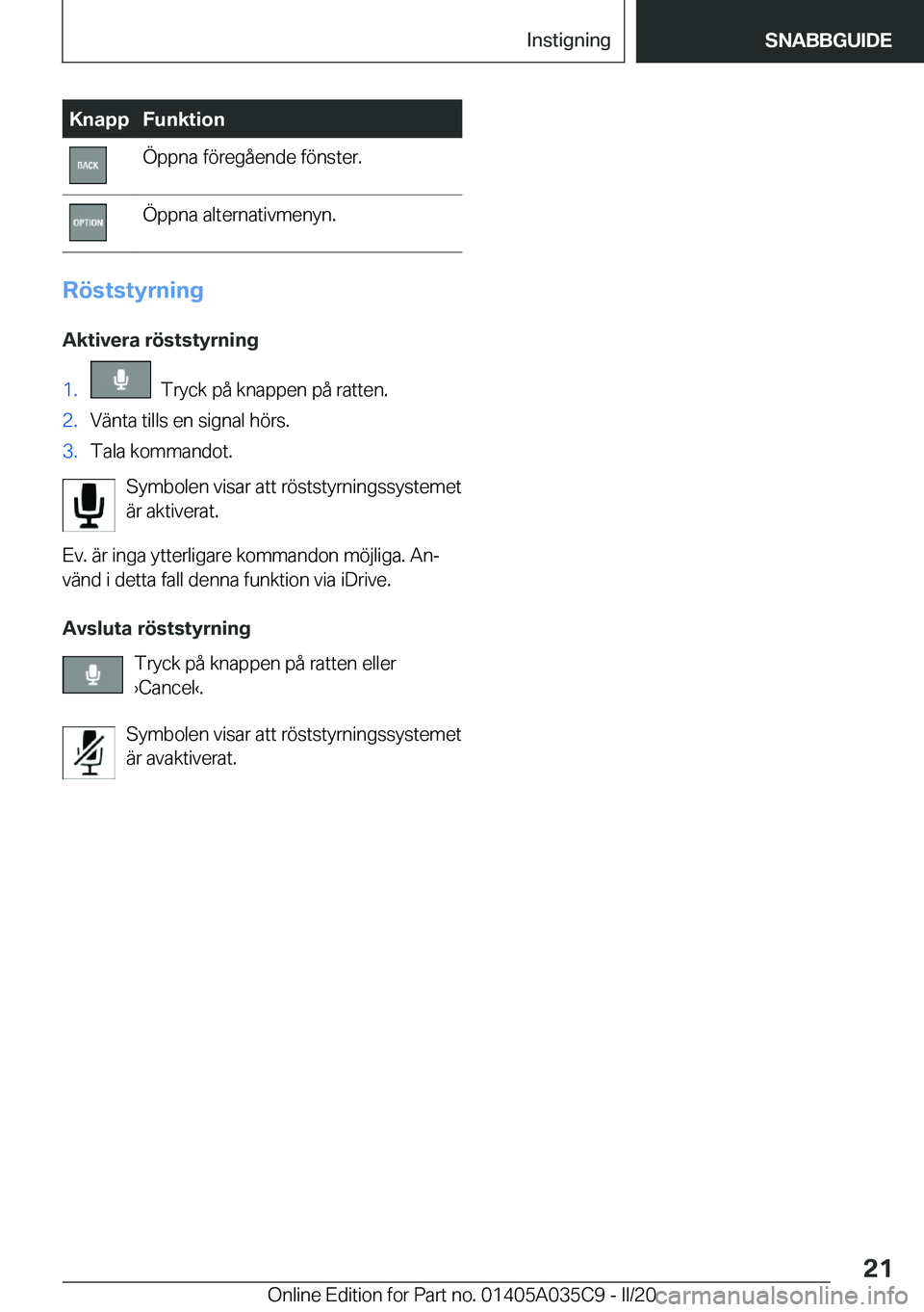 BMW X4 2020  InstruktionsbÖcker (in Swedish) �K�n�a�p�p�F�u�n�k�t�i�o�n�