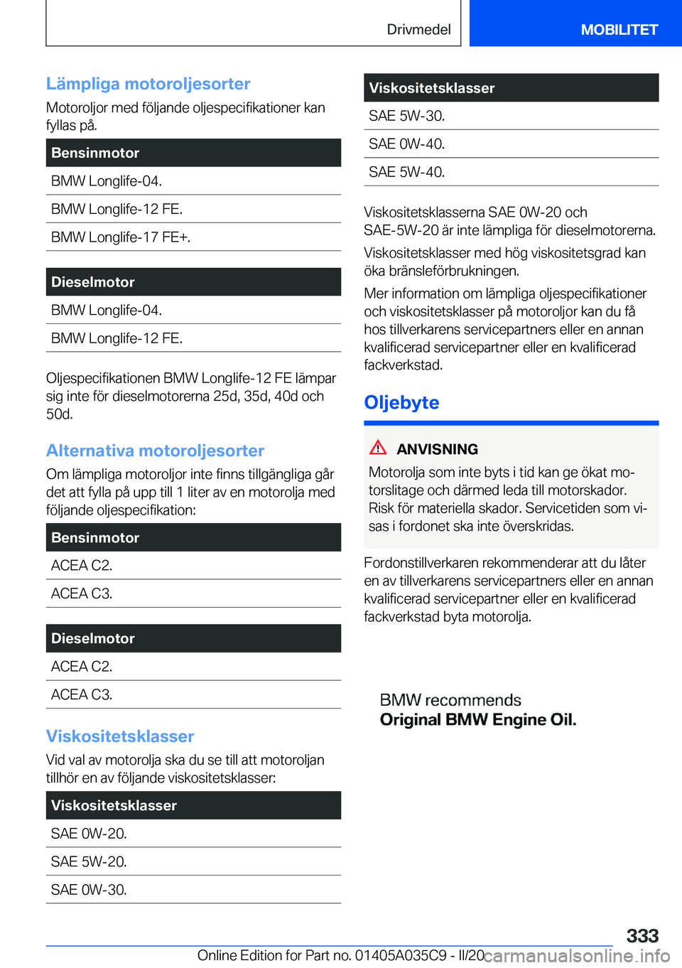 BMW X4 2020  InstruktionsbÖcker (in Swedish) �L�ä�m�p�l�i�g�a��m�o�t�o�r�o�l�j�e�s�o�r�t�e�r
�M�o�t�o�r�o�l�j�o�r��m�e�d��f�